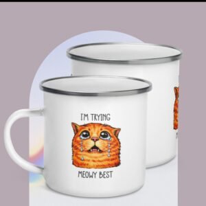 Funny Cat Enamel Mug – Motivational Coffee Cup for Campers
